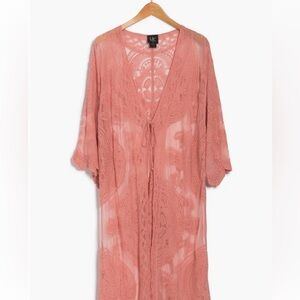 Forgotten Grace Crochet Trim Tie Front Duster Sheer Lace Kimono rose/pink